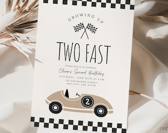 Editable Two Fast Race Car 2nd Birthday Invite 2nd Birthday Boy Invitation Racing Car Vintage Neutral Printable Template Instant Download