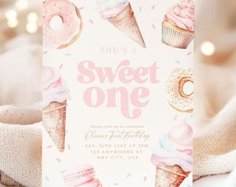 EDITABLE Sweet One Birthday Invite for Girl First Birthday Invitation for Girl She's a Sweet One 1st Birthday Invitation Donut Birthday Boho