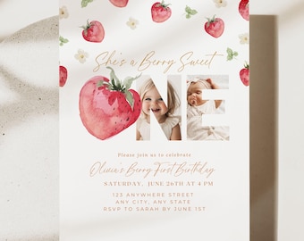 Berry First Birthday Invitation 1st Birthday Girl Birthday Strawberry Birthday Invite Digital Download Invitation Template Boho with Photo