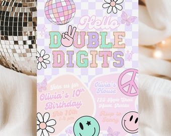 Editable 10th Birthday Party invitation Hello Double Digits Girl Smiley Invite Preppy Varsity Groovy Trendy Y2K Retro Instant Download Evite