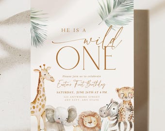 Editable Wild One Boy Birthday Invitation Safari Animal Birthday Invitation 1st Birthday Invite One Year Old Boho First Birthday Jungle 1 st