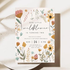 Editable Wildflower Invitation for Girl Flower Birthday Digital Invitation Template Wild Flower Invite Instant Download First Birthday Boho