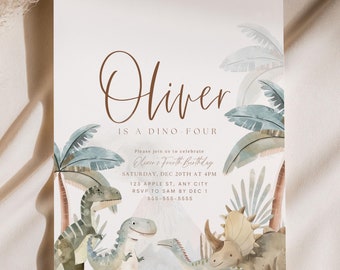 Editable Dino-Four Invitation Dinosaur 4th Birthday Theme Invite Boho Minimalist Editable Digital Printable Four-Rex Dino Instant Download