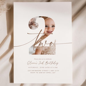 Editable Second Birthday Invitation 2nd Birthday Party Minimalist Invite Two Year Old Birthday Girl Invitation Digital 2 nd Birthday Invite
