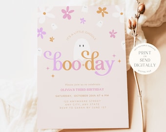 May include: A pink and white printable invitation with a ghost and the text "It's a little ghouls boo day". The invitation is for Olivia's third birthday party and includes the date, time, and location. The invitation also includes the text "Self-editable template, print or send digitally, digital file".