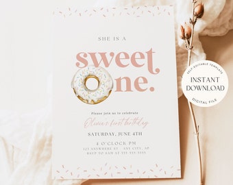 Sweet One Birthday Invitation Editable 1st Birthday Invitation Donut Themed First Birthday Invite Sweet One 1st Birthday Invitation Digital