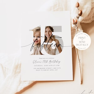 Bearbeitbare Einladung zum 15. Geburtstag, Einladungsvorlage zum 15. Geburtstag, minimalistisch, Boho, digitaler Download, druckbar, Boho