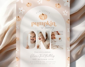 Editable First Birthday Our Little Pumpkin Invite 1st Birthday Invitation for Girl Fall Boho Halloween Digital Download Printable Daisy Cute