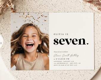 EDITABLE Seventh Birthday Invitation 7th Birthday Party Invite Boho Seven Year Old Party Invitation Minimalist Seven Birthday Invitation