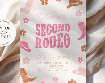 Editable Second Rodeo Invitation Cowgirl Birthday Invite Wild West Cowgirl 2nd Rodeo Western Ranch Template Instant Download Boho Retro Pink