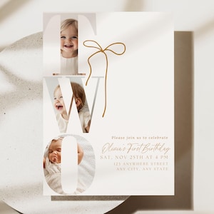 May include: A cream-colored first birthday invitation with the word "ONE" featuring three photos of a baby. The invitation includes the text "Please join us to celebrate Olivia's First Birthday" and event details in gold.
