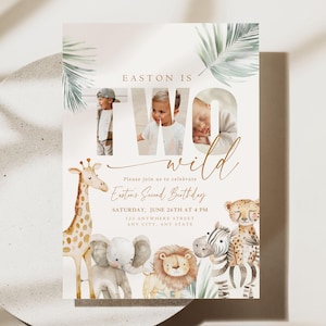 May include: A light brown invitation with a jungle theme for a child's second birthday. The invitation features a photo of a child in the number "two" with a jungle animal illustration. The text reads "Easton is Two Wild" and includes the date and time of the party.