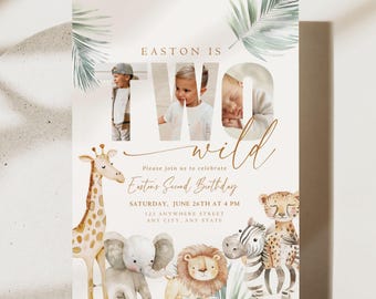 Editable Two Wild Boy Birthday Invitation Safari Animal Birthday Invitation 2nd Birthday Invite with Photo Boho First Birthday Jungle 2 nd