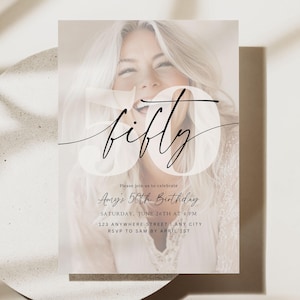 May include: A rectangular birthday invitation card featuring a large, faded photograph of a smiling person. The text reads fifty in a large script font, followed by Please join us to celebrate Amy's 50th Birthday, Saturday, June 26th at 4 PM, 123 Anywhere Street, Any City, RSVP to Sam by April 1st.