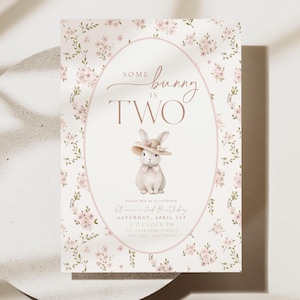 Editable Some Bunny is Two Invitation Easter Bunny Second Birthday Invite Egg Pastel Flowers Floral 2nd Birthday Invite Girl Spring Birthday