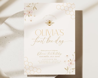 First Bee Day Birthday Inviation 1st Bee-Day Party Invite First Birthday Boho Invitation Bumble Bee Theme Party Invite for Girls Minimalist