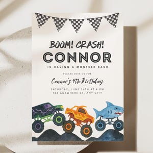 May include: A birthday party invitation with the text "BOOM! CRASH! CONNOR" and "Connor's 4th Birthday". The invitation features illustrations of three monster trucks in purple, orange, and blue, with a checkered flag banner at the top.
