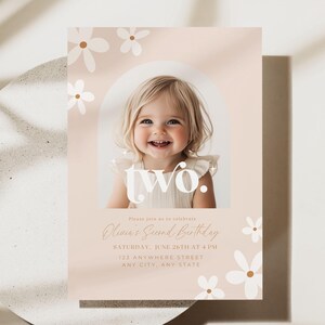 Editable Second Birthday Invitation Daisy Boho Retro 2nd Birthday Party Invite Minimalist 2 nd Birthday Girl Instant Digital Download Two image 1