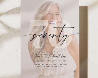 May include: A rectangular birthday invitation card featuring a photograph of a smiling person with blonde hair. The card displays the large, semi-transparent number 70, the word seventy in black script, and text detailing a 70th birthday event.