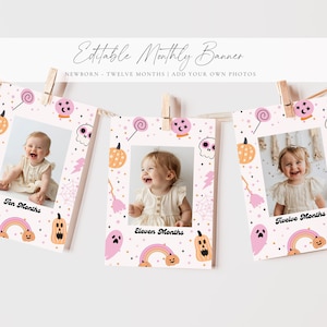 Editable First Rodeo Birthday Party Monthly Banner Cowgirl Western Birthday Theme Newborn-12 Month Photo Banner 1 Year Old Photo Banner Boho