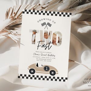 May include: A beige and white birthday invitation with the text "Growing Up Two Fast." The invitation features a photo of a child, checkered flags, and a cartoon car. The invitation is for Oliver's Second Birthday.