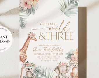 Young Wild & Three: Safari Jungle Animal Girl 3rd Birthday Invitation (Digital Download)