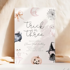 Editable Trick or Three Birthday Invitation Halloween 3rd Birthday Party Invite Third Birthday Girl Instant Download Three Spirit Printable image 1