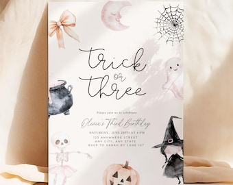 Editable Trick or Three Birthday Invitation Halloween 3rd Birthday Party Invite Third Birthday Girl Instant Download Three Spirit Printable