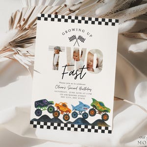 May include: A rectangular birthday invitation card featuring a black and white chequered border at the top and bottom. The text reads Growing Up Two Fast, Oliver's Second Birthday, and includes watercolour illustrations of four monster trucks.