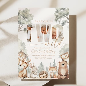 May include: A Two Wild birthday invitation featuring a photo of a child. The invitation includes the text "Easton is Two Wild" with woodland animal illustrations and event details. The design has a watercolor style.