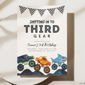 Editable Monster Truck 3rd Birthday Invitation Third Gear Boom Crash Monster Bash Printable Invite Trucks Three Birthday Template Boys Jam