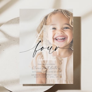 Editable 4th Birthday Invitation Fourth Birthday Party Invite Minimalist Boho 4 th Boy Birthday Girl Birthday Instant Digital Download Four