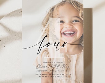 Editable 4th Birthday Invitation Fourth Birthday Party Invite Minimalist Boho 4 th Boy Birthday Girl Birthday Instant Digital Download Four
