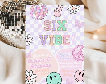 Editable 6th Birthday Party invitation Six is a Vibe Girl Smiley Invite Varsity Groovy Trendy Y2K Retro Instant Download Sixth Evite
