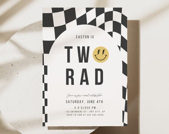 May include: A black and white checkered birthday party invitation with the text "Easton is Two Rad" in black and gold. The invitation features a yellow smiley face with lightning bolts for eyes.