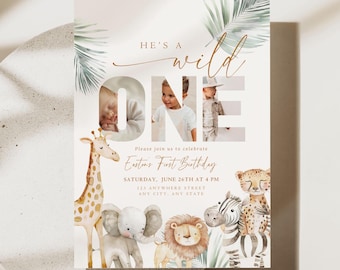 Editable Wild One Boy Birthday Invitation Safari Animal Birthday Invitation 1st Birthday Invite with Photo Boho First Birthday Jungle 1 st