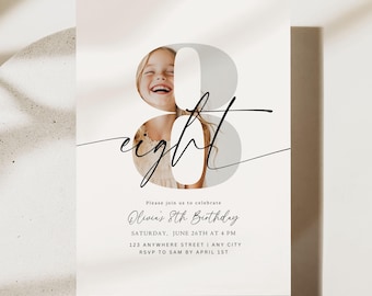 Editable 8th Birthday Invitation Eighth Birthday Invite Template 8 th Birthday Party Minimalist Digital Download Printable Eight Year Old
