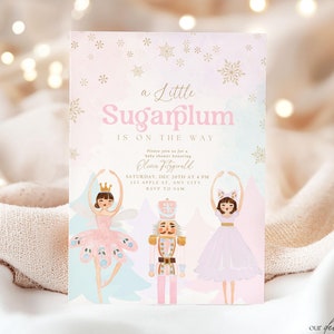 Editable Nutcracker Ballet Baby Shower Invitation Winter Baby Shower Invite Boho Christmas Digital Download Printable Little Sugar Plum Pink
