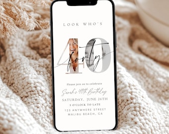 Editable 40th Birthday Digital Invitation Template 40 th Invite with Photo Instant Download Forty Fabulous Minimalist Birthday Evite Him Her