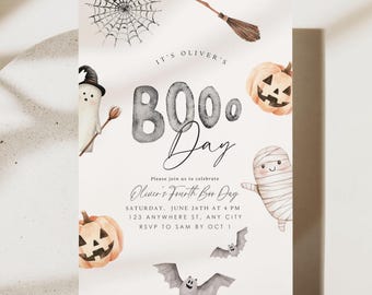 May include: A rectangular invitation card featuring watercolor illustrations of a ghost, mummy, pumpkins, bats, a spiderweb, and a broom. The text reads: It's Oliver's BOO Day, Please join us to celebrate, Oliver's Fourth Boo Day, Saturday, June 26th at 4 PM.