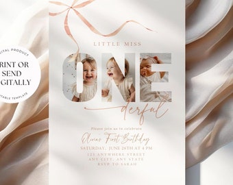 Little Miss Onederful Birthday Invitation First Birthday Invite Minimalist Bow 1st Birthday Girl 1 st Birthday Invite with Photo Printable