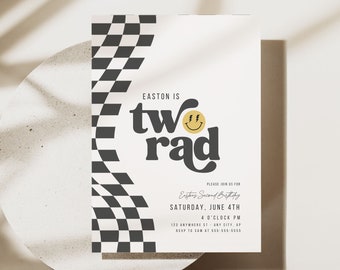 May include: A white and black checkered birthday invitation with the text "Easton is two rad" in black and yellow. The invitation includes the date and time of the party, as well as the address and RSVP information.