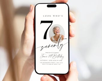 Editable 70th Birthday Digital Invitation Template 70 th Invite with Photo Instant Download Look Who's Seventy Minimalist Evite Him Her
