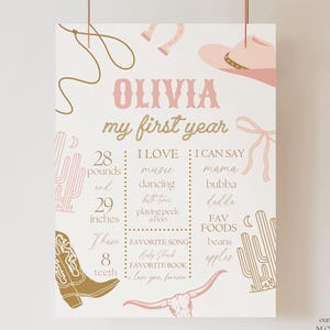 May include: A decorative poster with a western theme, featuring the name "OLIVIA" in pink. The poster includes details about the child's first year, such as weight (28 pounds) and height (29 inches), favorite things, and foods.