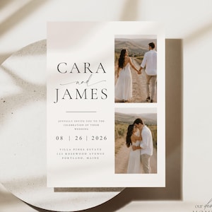 May include: A wedding invitation with the names "Cara and James" in elegant script. The invitation includes two photos of a couple and the date "08 | 26 | 2026". The design is minimalist with a neutral color palette.