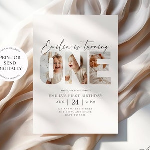 Bearbeitbare Einladung zum ersten Geburtstag, minimalistisches Boho-Design, sofort digitaler Download für Jungen und Mädchen