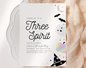 Editable Three Spirit Birthday Invitation Halloween 3rd Birthday Party Invite Third Birthday Pastel Instant Download Retro Ghost Printable