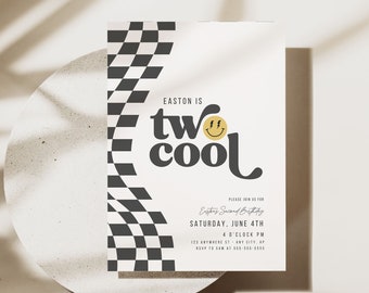 May include: A white and black checkered birthday invitation with the text "Easton is two cool" in black and white with a yellow smiley face with lightning bolts for eyes. The invitation includes the date and time of the party, the address, and RSVP information.