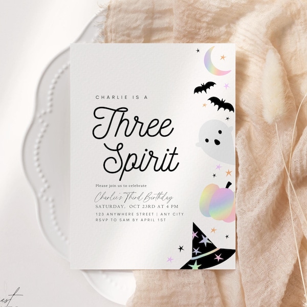 Editable Three Spirit Birthday Invitation Halloween 3rd Birthday Party Invite Third Birthday Pastel Instant Download Retro Ghost Printable
