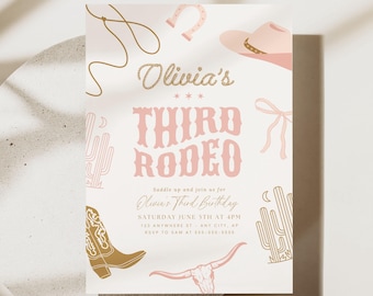 Editable Third Rodeo Birthday Invitation Girl Rodeo 3rd Birthday Invite Cowgirl Western Birthday Invite Rodeo 3 rd Birthday Retro Pink Cute
